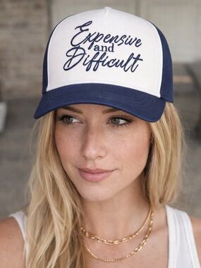 Zenana Outfitters White and Navy Trucker Hat "Expensive and Difficult"